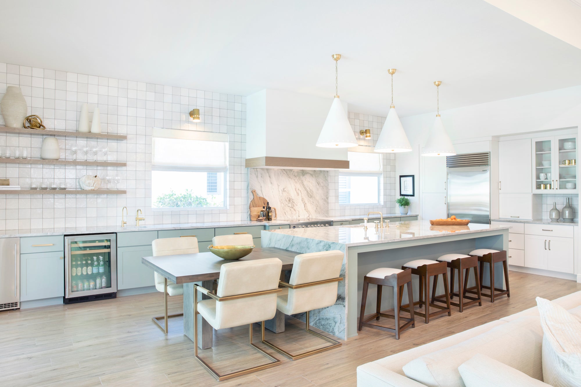 A coastal inspired kitchen with zellige tile and serene blues by Lisa & Leroy.