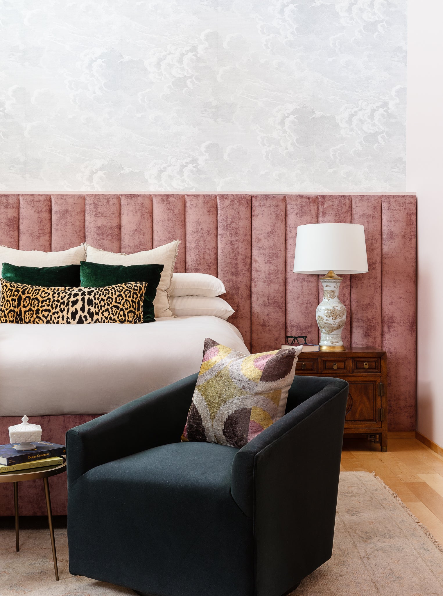 A modern, feminine, eclectic bedroom in shades of pink by Lisa & Leroy.
